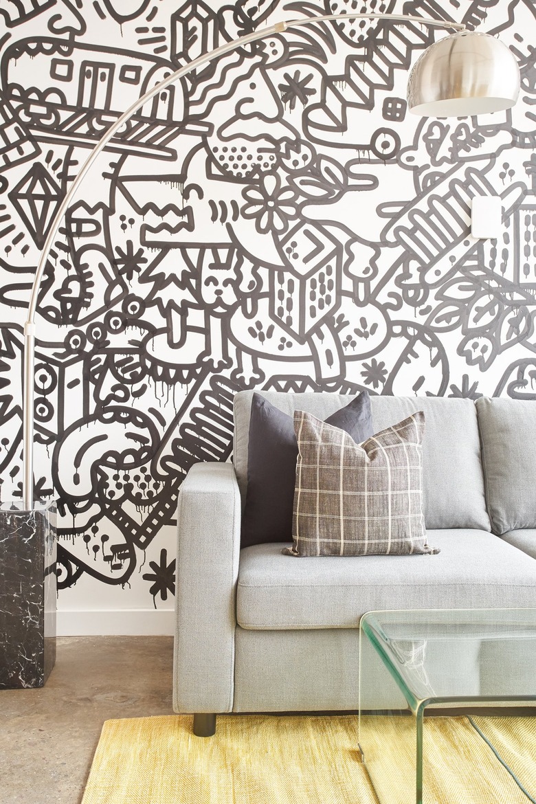 Modern living room with gray couch